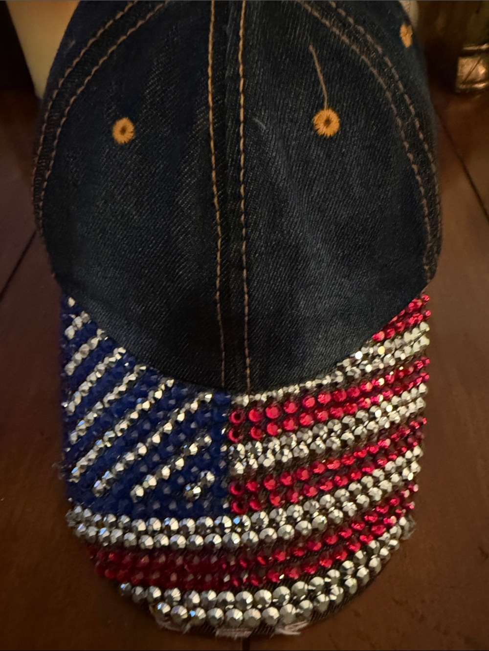 Denim Rhinestone American Flag Baseball Cap - Blue, Red, Silver